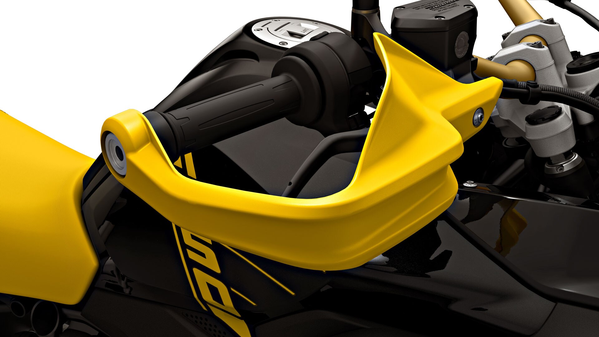 Vemos la edición 40 años GS con un protector de manos amarillo.
