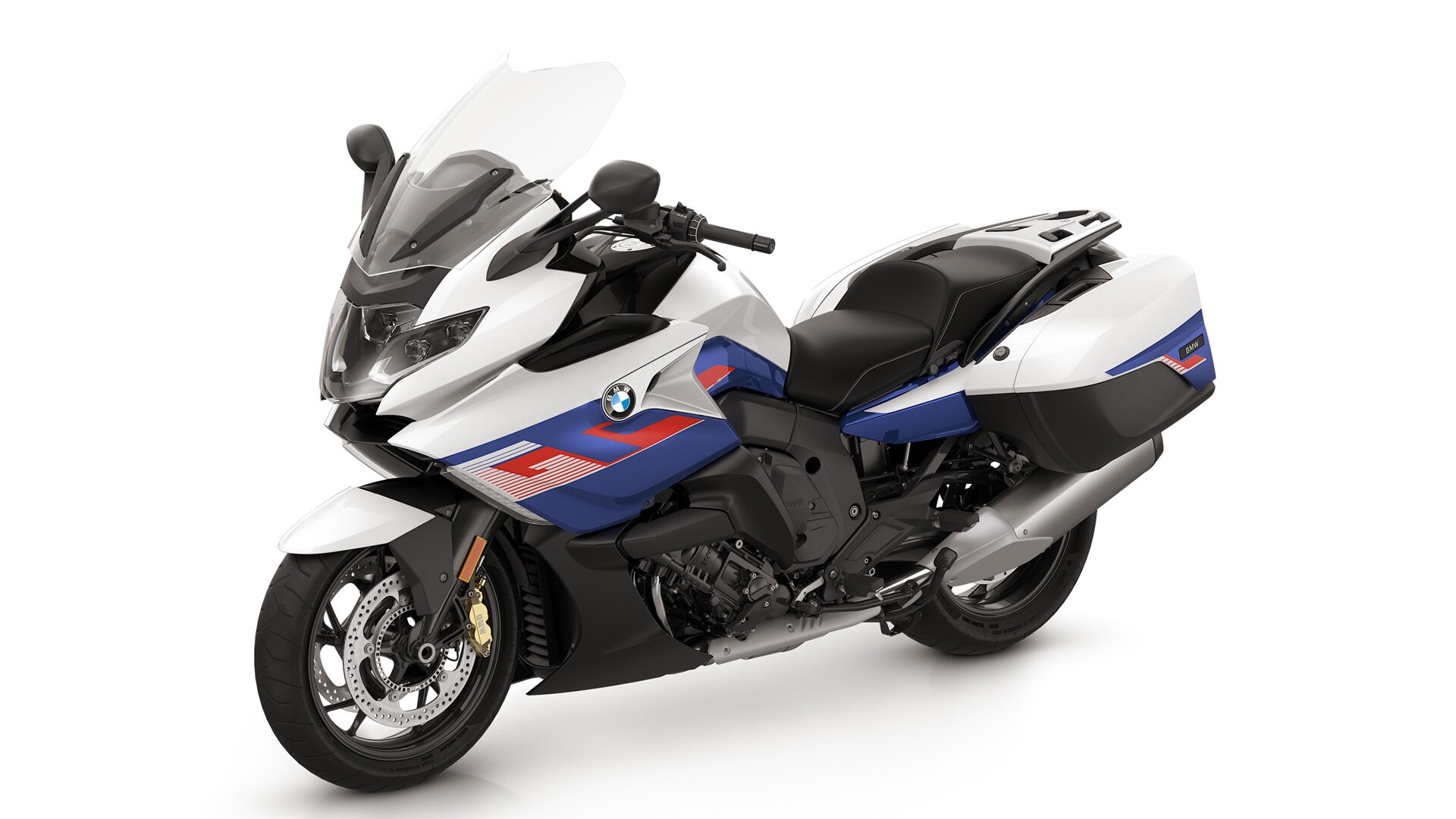 La K 1600 GT en blanco luminoso / azul Racing metalizado / rojo Racing.